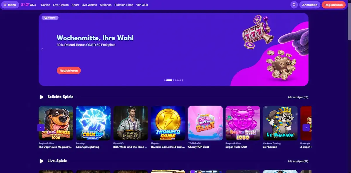 247Vibes Casino Startseite mit Slots und Live Casino in Deutschland