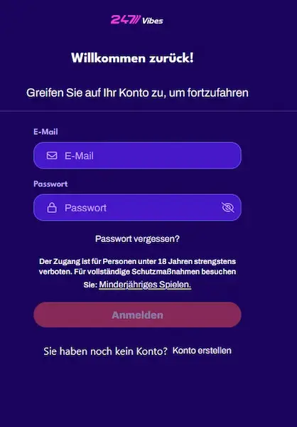 247Vibes Login-Maske mit E-Mail und Passwort