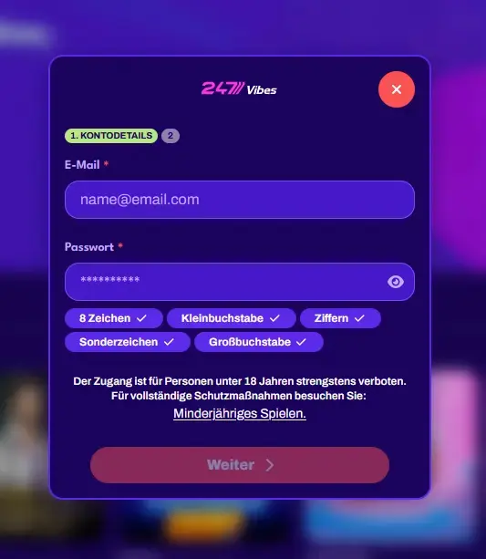 247Vibes Registrierungsformular für ein neues Spielerkonto