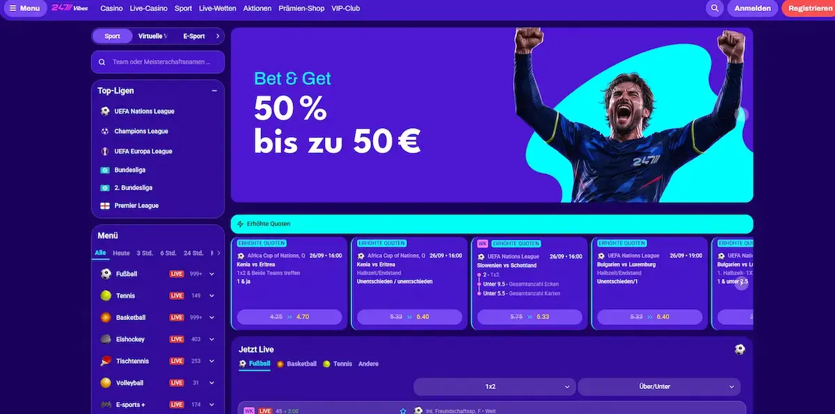 247Vibes Sportwetten Bereich mit Live-Quoten